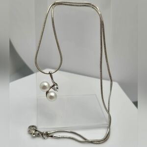 Freshwater White Real Pearl Necklace 16” Silver Plated Snake Chain NWOT